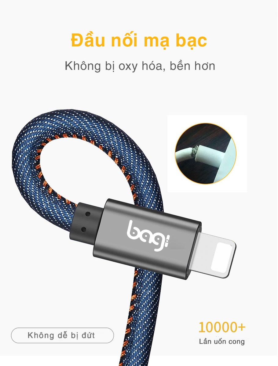 Dây cáp Lightning bọc da tiêu chuẩn MFI Bagi chính hãng cho Iphone – ảnh 8
