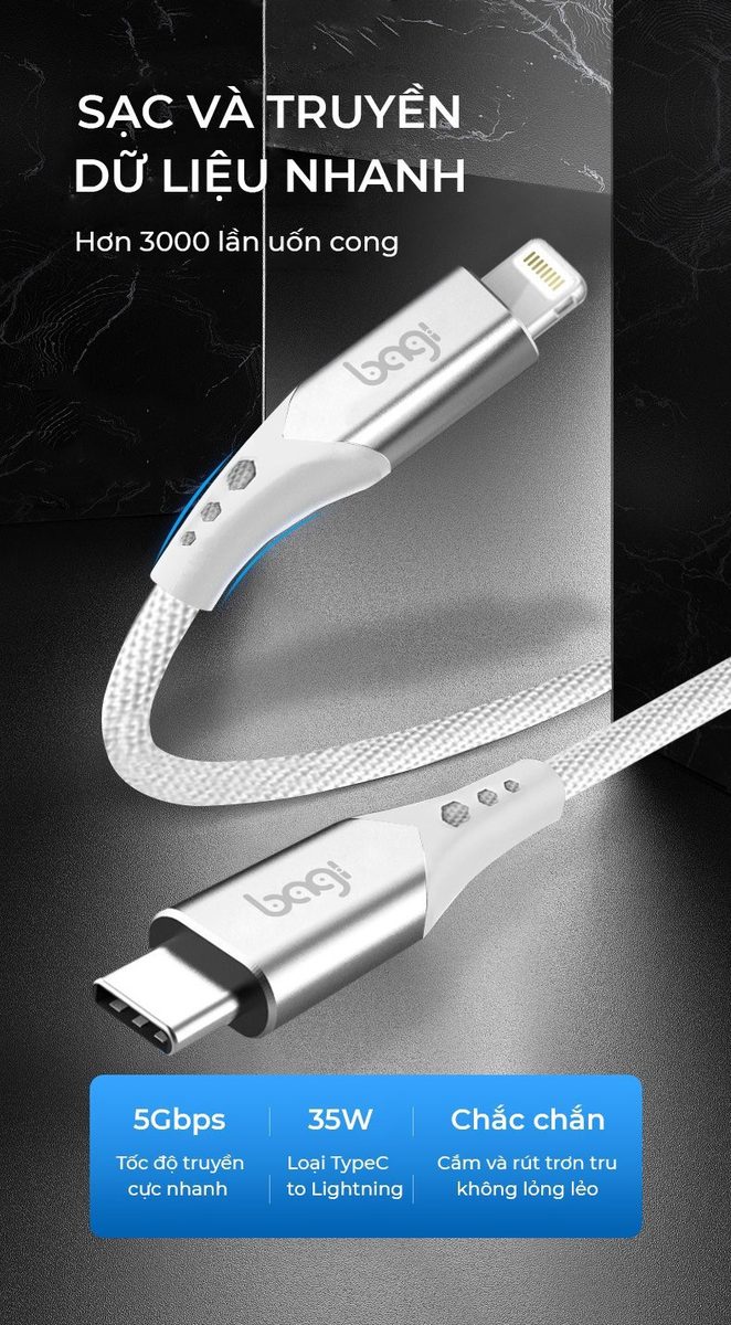 Cáp sạc nhanh Type C to Lightning dây dù Bagi PD 35W dài 1.2m PD-I120 – ảnh 7