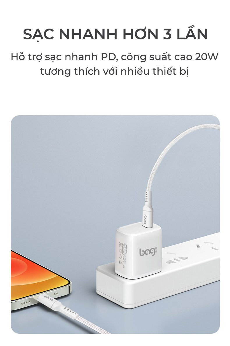 Combo củ + cáp sạc PD20w tiện lợi nhỏ gọn Bagi Type C-Lightning – ảnh 5