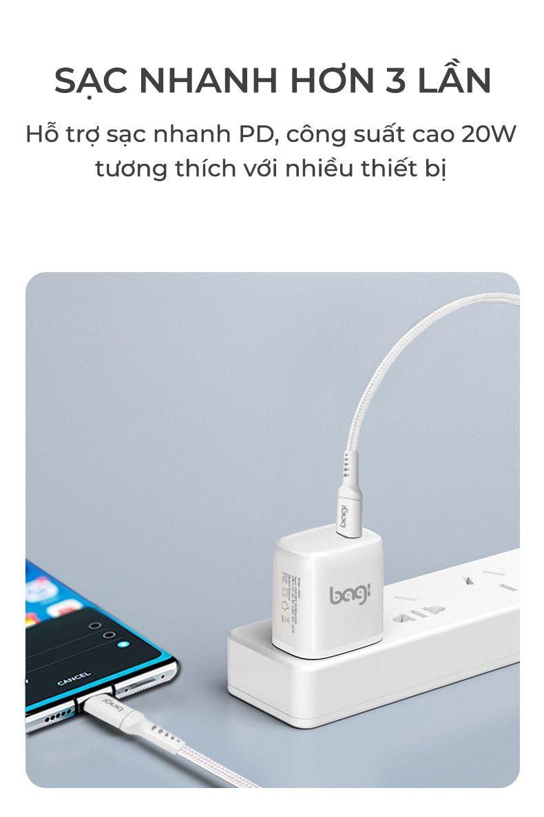 Combo củ + cáp sạc PD20w tiện lợi nhỏ gọn Bagi Type C-Lightning – ảnh 11