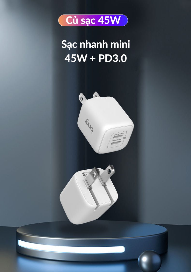 Củ sạc nhanh Bagi 45W 2 cổng Type-C PD45W – ảnh 2
