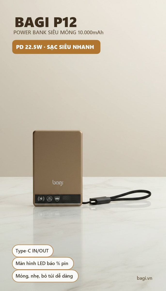 Pin dự phòng Bagi P12 siêu mỏng 10.000mAh PD 22.5W – ảnh 1