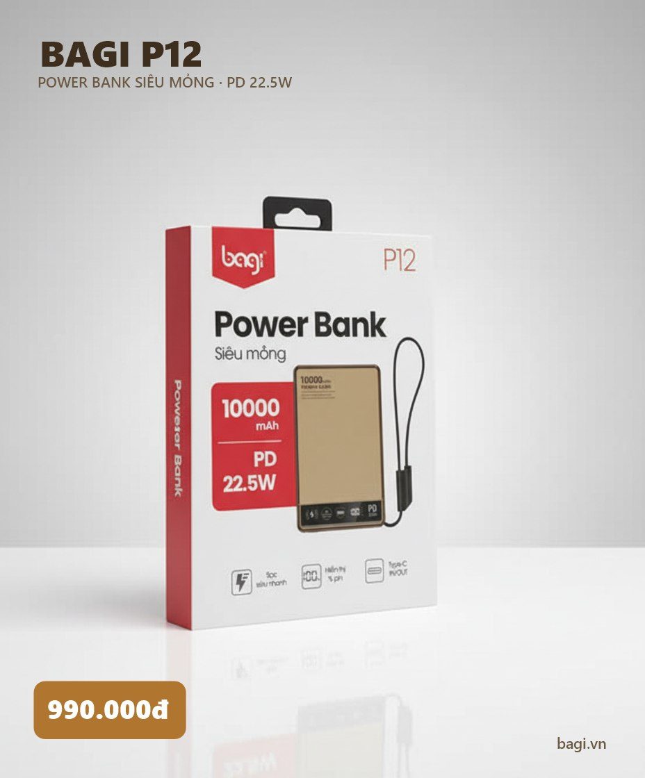 Pin dự phòng Bagi P12 siêu mỏng 10.000mAh PD 22.5W – ảnh 2