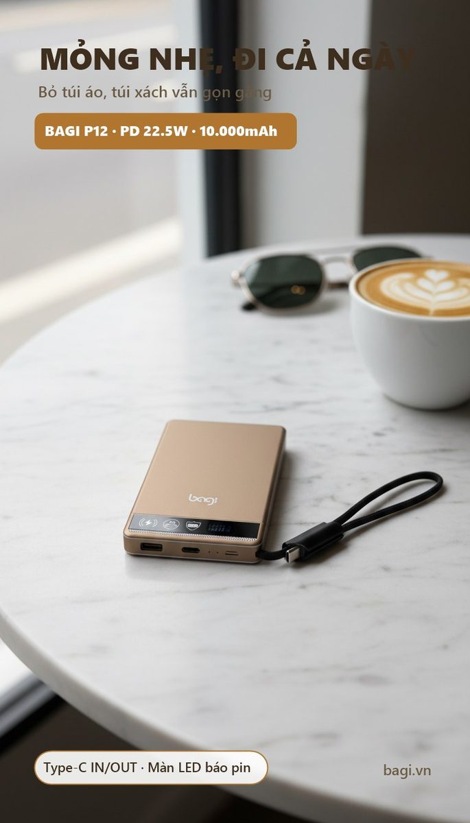 Pin dự phòng Bagi P12 siêu mỏng 10.000mAh PD 22.5W – ảnh 3
