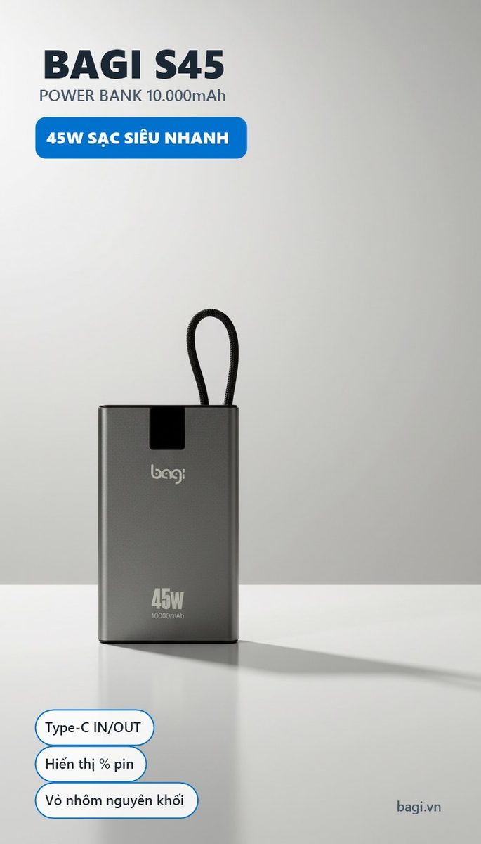 Pin dự phòng Bagi S45 10.000mAh sạc nhanh 45W – ảnh 1